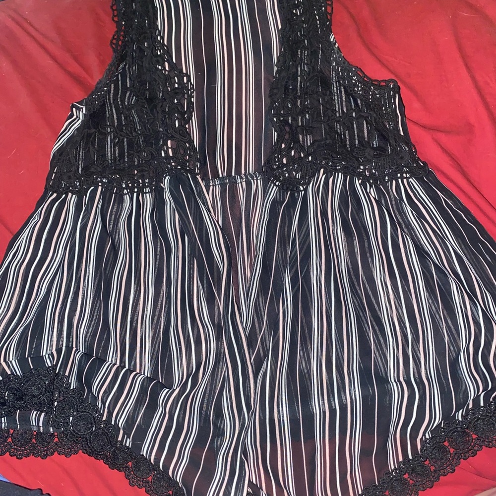 Black with pink and white stripe blouse